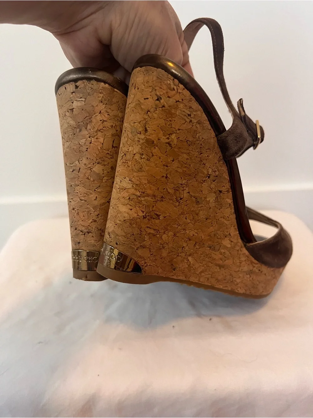 Jimmy Choo Brown Suede Cork Platform Wedge Sandals with Ankle Strap